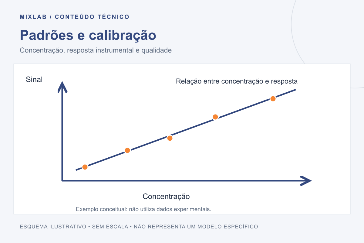Esquema ilustrativo: padrões e calibração. Concentração, resposta instrumental e qualidade. Sem escala; não representa um modelo específico.