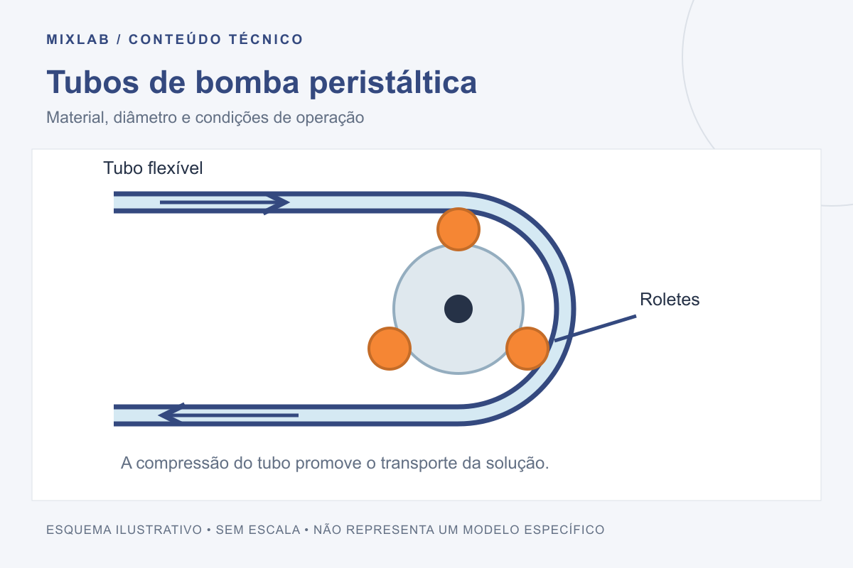 Esquema ilustrativo: tubos de bomba peristáltica. Material, diâmetro e condições de operação. Sem escala; não representa um modelo específico.