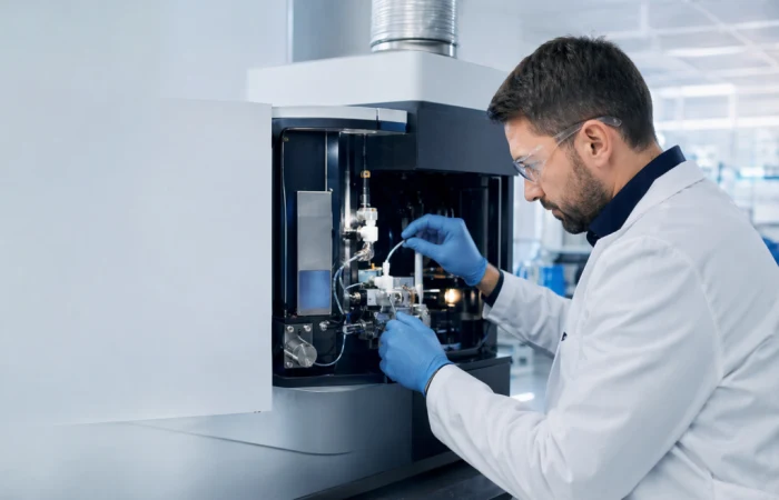 Profissional realizando atendimento técnico em equipamento de laboratório
