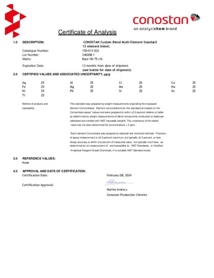 Primeira página: Certificado de análise, lote 240208-1