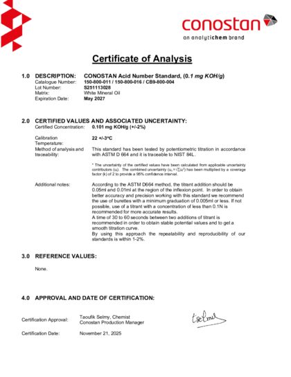 Primeira página: Certificado de análise, lote S251113028