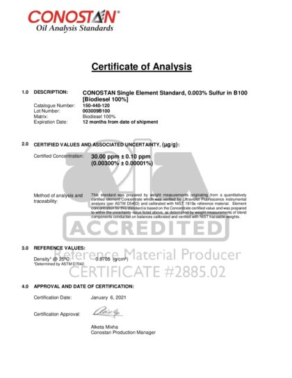Primeira página: Certificado de análise, lote 003009B100