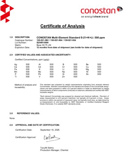 Primeira página: Certificado de análise, lote S250915054