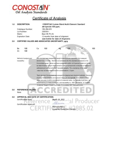 Primeira página: Certificado de análise, lote 220318-1