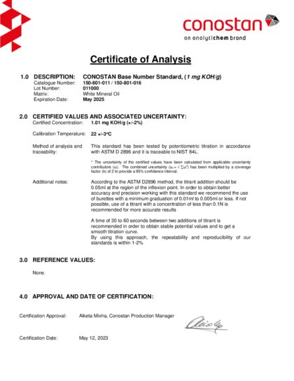 Primeira página: Certificado de análise, lote 011000