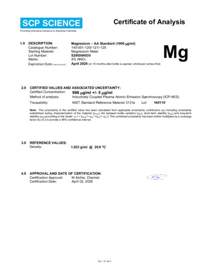 Primeira página: Certificado de análise, lote S260304035
