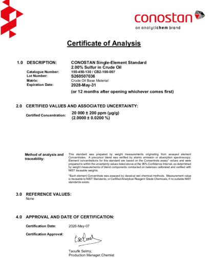 Primeira página: Certificado de análise, lote S260507036
