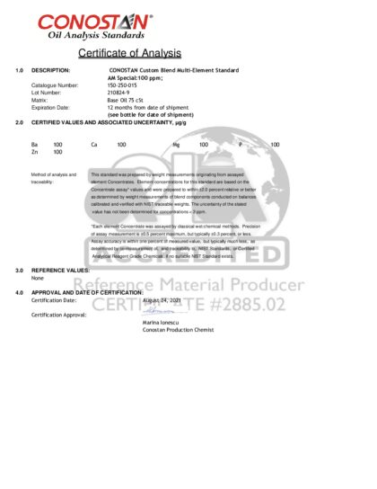 Primeira página: Certificado de análise, lote 210824-9