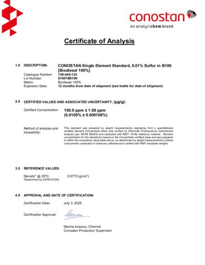 Primeira página: Certificado de análise, lote 010019B100