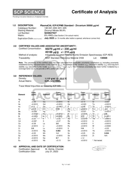 Primeira página: Certificado de análise, lote S230627027