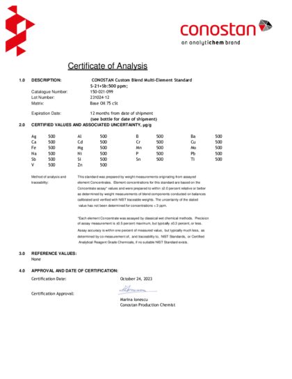 Primeira página: Certificado de análise, lote 231024-12