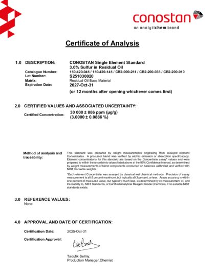 Primeira página: Certificado de análise, lote S251030020
