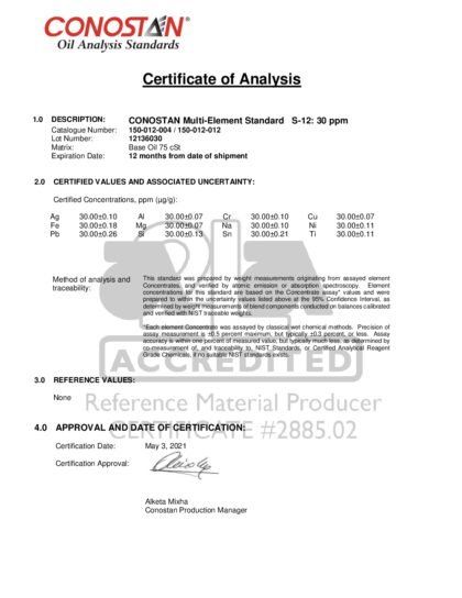 Primeira página: Certificado de análise, lote 12136030