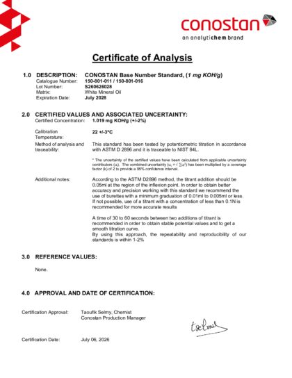 Primeira página: Certificado de análise, lote S260626028