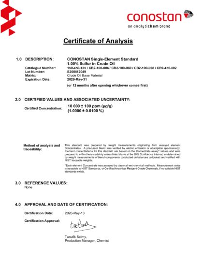 Primeira página: Certificado de análise, lote S260512049