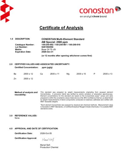 Primeira página: Certificado de análise, lote S261002004