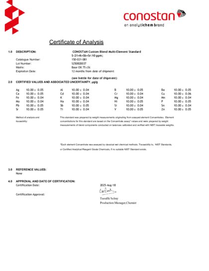 Primeira página: Certificado de análise, lote S250820037