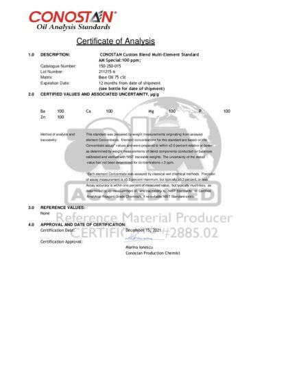 Primeira página: Certificado de análise, lote 211215-6