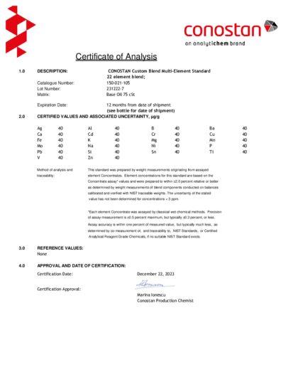 Primeira página: Certificado de análise, lote 231222-7