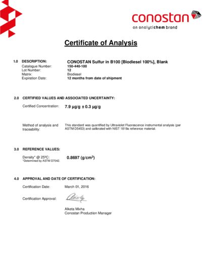 Primeira página: Certificado de análise, lote 12