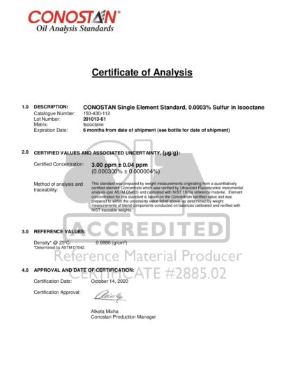 Primeira página: Certificado de análise, lote 201013-61