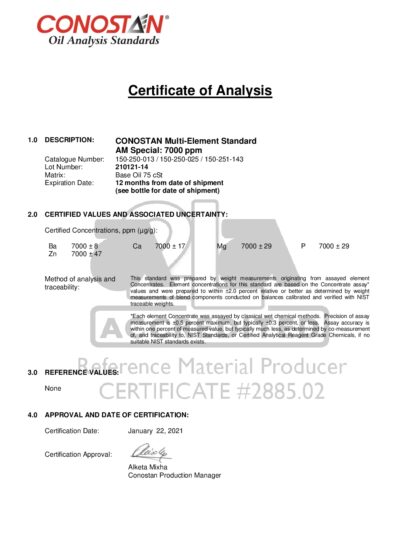 Primeira página: Certificado de análise, lote 210121-14
