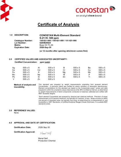 Primeira página: Certificado de análise, lote S260929025