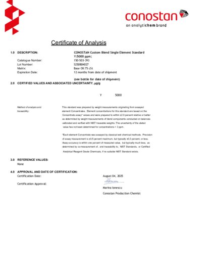 Primeira página: Certificado de análise, lote S250804027
