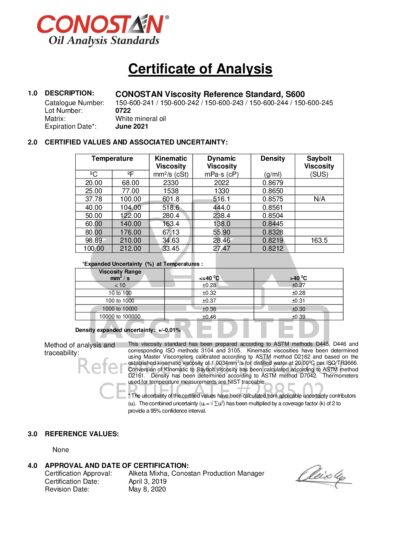 Primeira página: Certificado de análise, lote 0722
