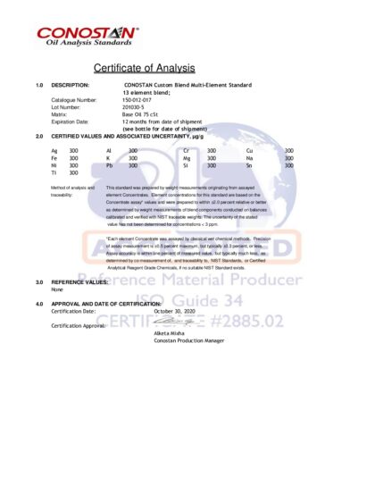 Primeira página: Certificado de análise, lote 201030-5