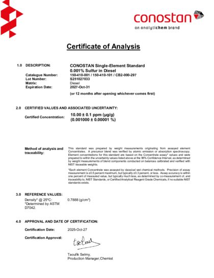 Primeira página: Certificado de análise, lote S251027033