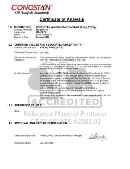 Primeira página: Certificado de análise, lote 220426-71