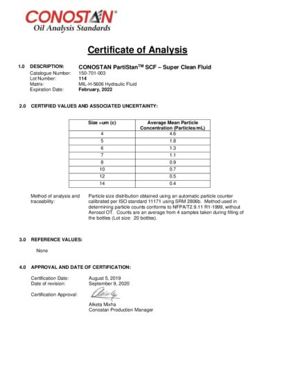 Primeira página: Certificado de análise, lote 114