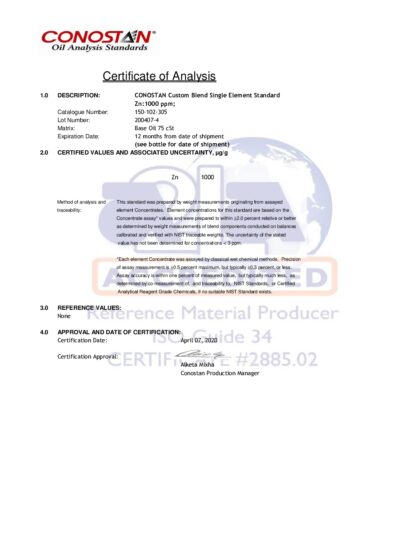 Primeira página: Certificado de análise, lote 200407-4
