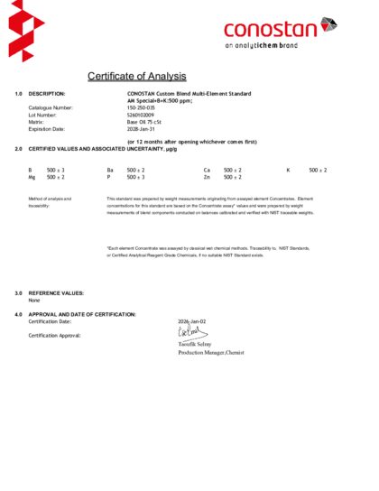 Primeira página: Certificado de análise, lote S260102009