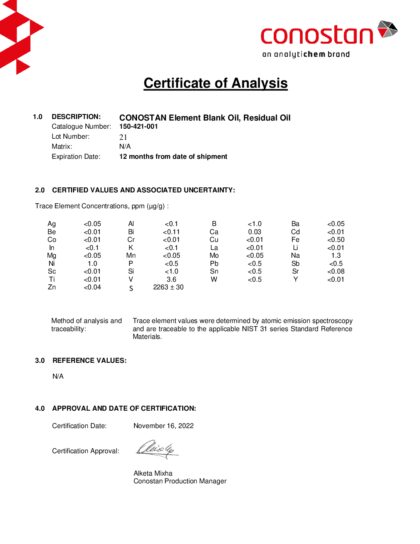 Primeira página: Certificado de análise, lote 21