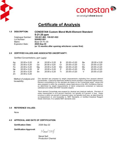 Primeira página: Certificado de análise, lote S260921051