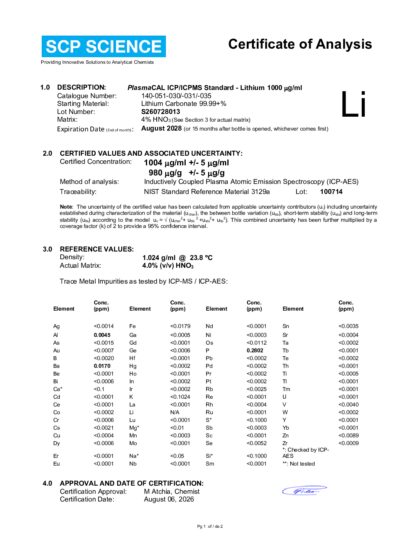 Primeira página: Certificado de análise, lote S260728013