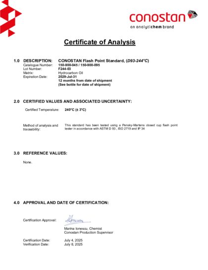 Primeira página: Certificado de análise, lote F244-03