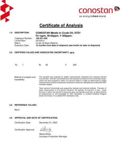 Primeira página: Certificado de análise, lote 231220-5