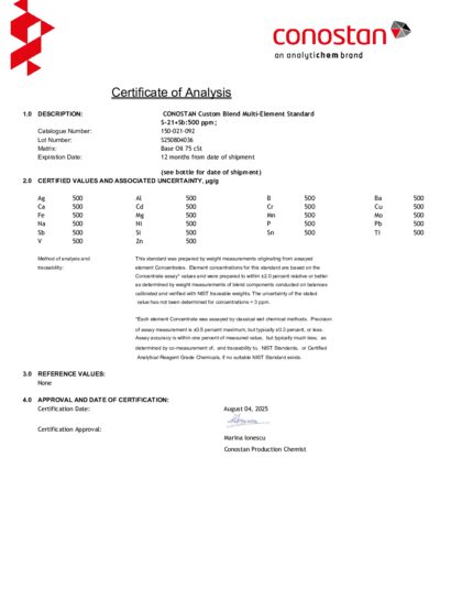 Primeira página: Certificado de análise, lote S250804036