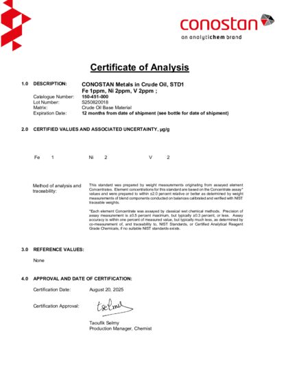 Primeira página: Certificado de análise, lote S250820018