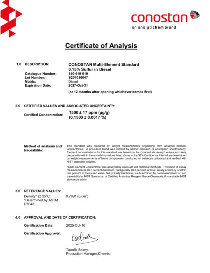 Primeira página: Certificado de análise, lote S251016047