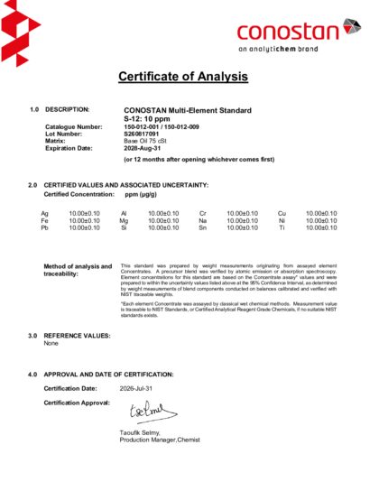 Primeira página: Certificado de análise, lote S260817091