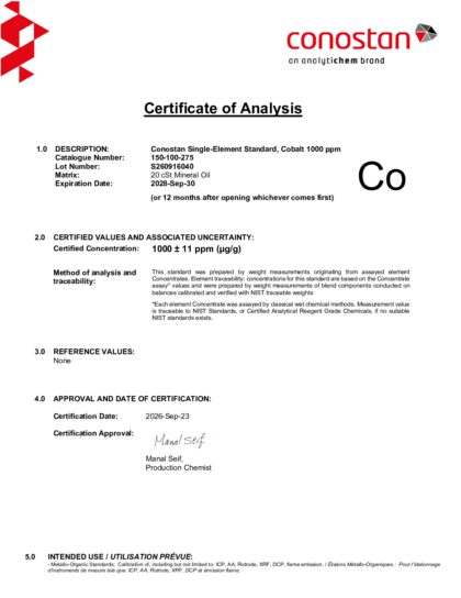 Primeira página: Certificado de análise, lote S260916040