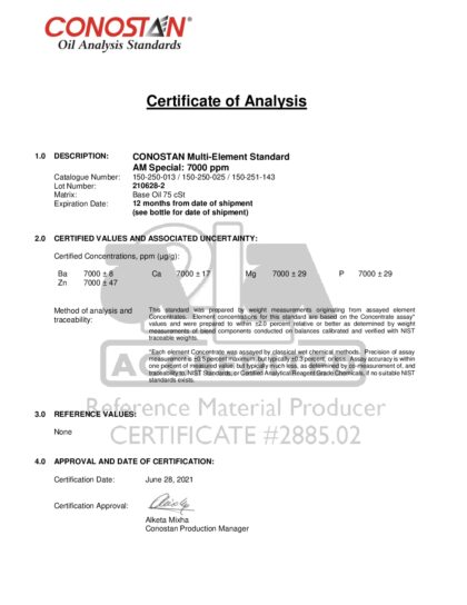 Primeira página: Certificado de análise, lote 210628-2
