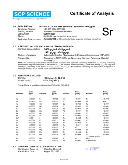Primeira página: Certificado de análise, lote S260814005