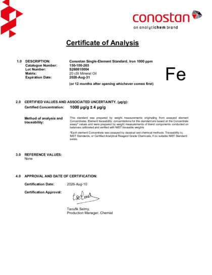 Primeira página: Certificado de análise, lote S260810004