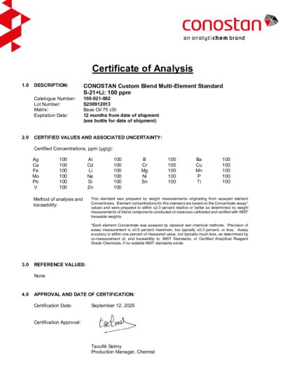 Primeira página: Certificado de análise, lote S250912013