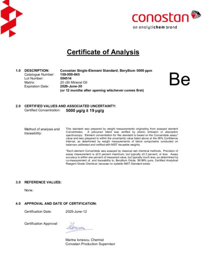 Primeira página: Certificado de análise, lote 504514